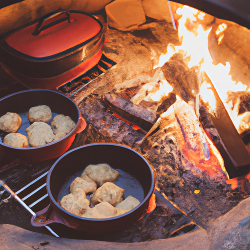 A cozy campfire setting with a Dutch oven cooking delicious coneys.