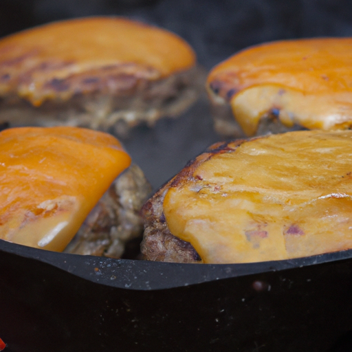 A Dutch oven filled with cheeseburgers cooking over hot coals, creating a tantalizing aroma.