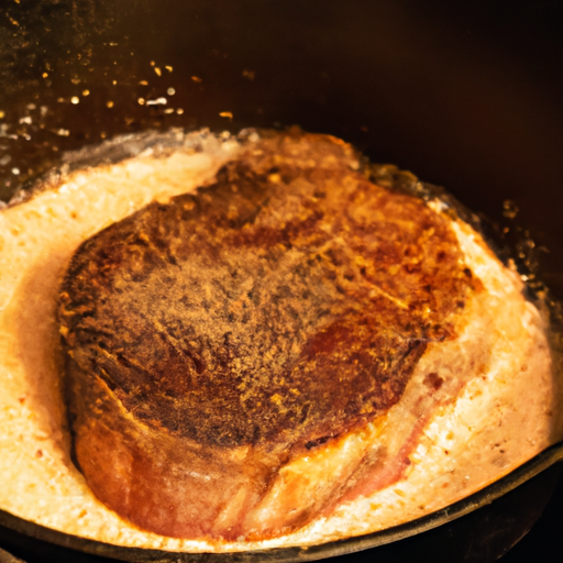 Searing a steak in a hot Dutch oven to achieve a beautiful crust.